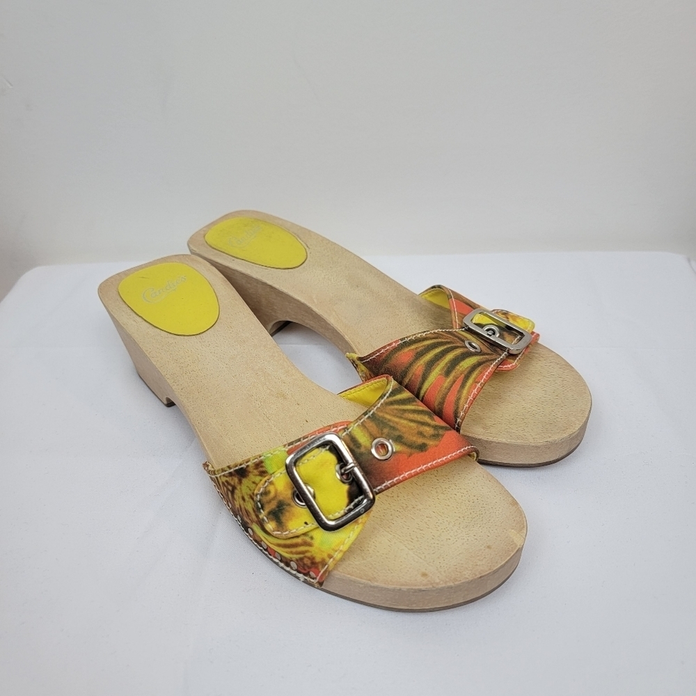Candie's Wooden Heel Glog Sandals Tropical Print Y2K Size 9